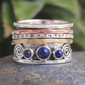 Vintage Boho Lapis Lazuli Three Metal Ring - NEW